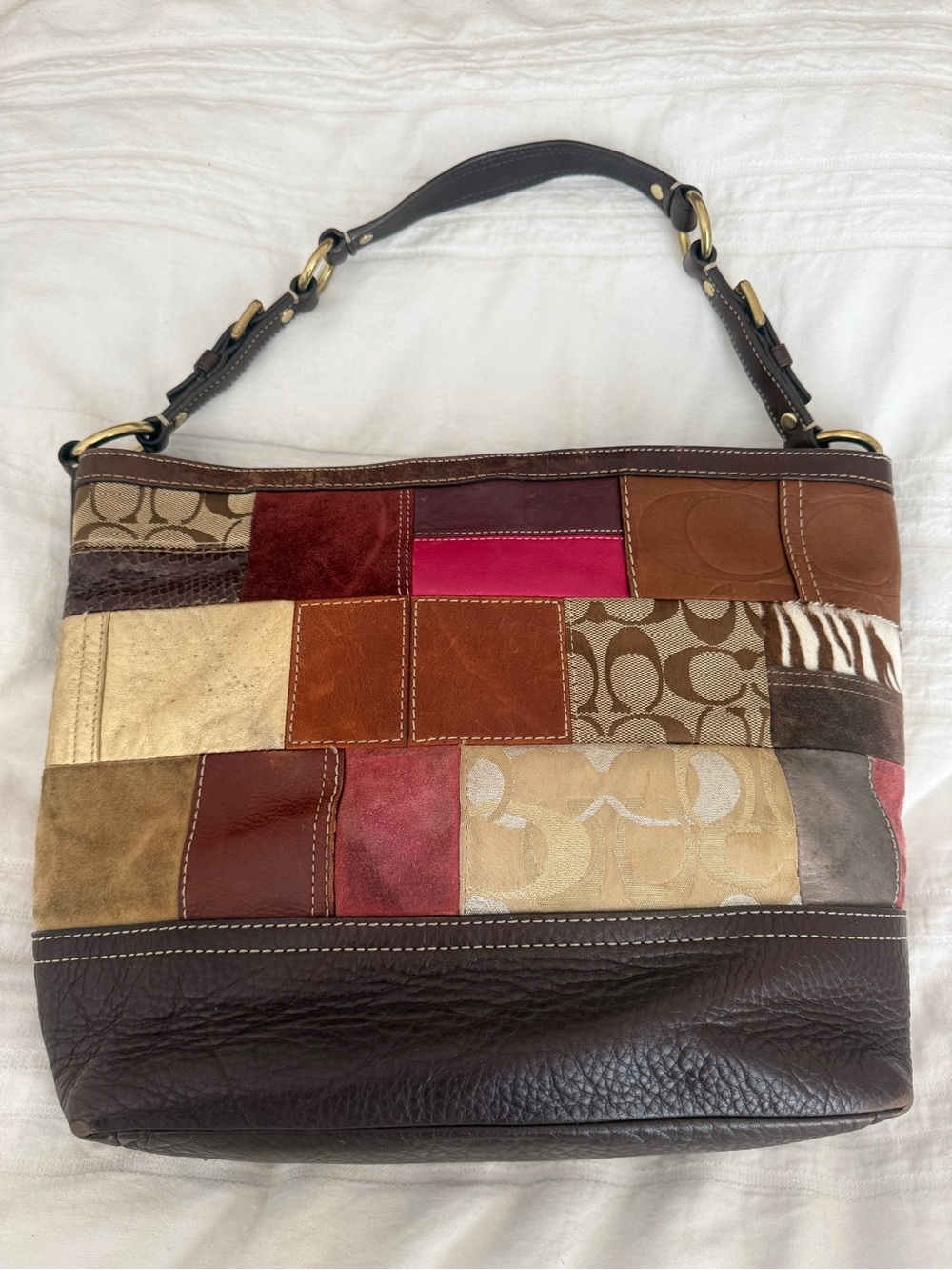 Vintage Coach  Patchwork Shoulder Bag Brown Multicolor Gold Hardware Zip